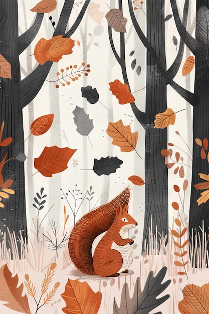 cute squirrel in autumn forest children illustration