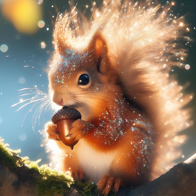 Photo cute squirrel holding an acorn with sparkling glittery fur