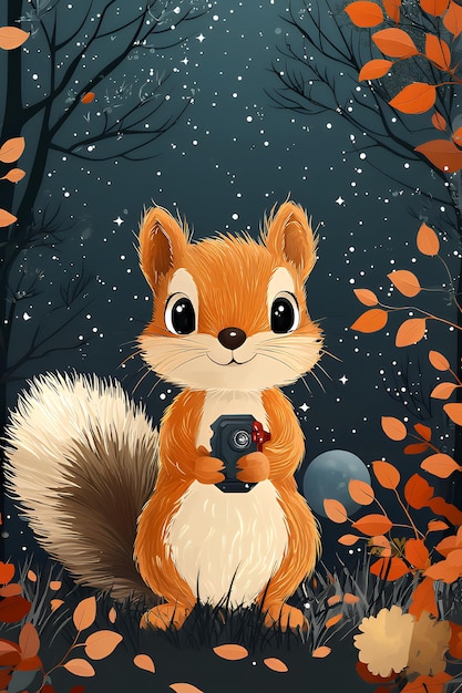 Cute Squirrel Holding Camera in Forest at Night