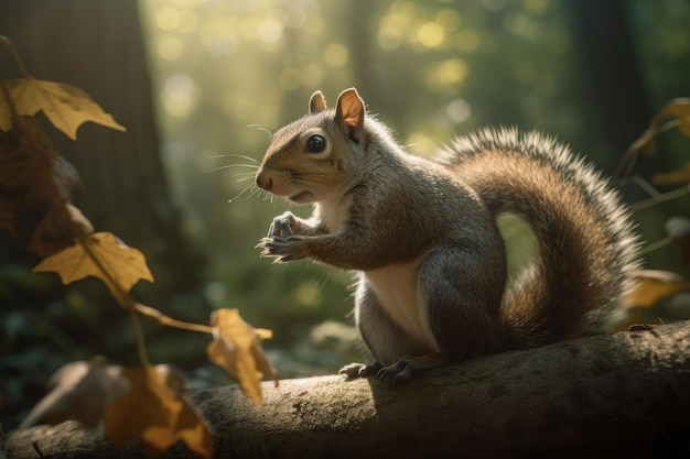 Cute squirrel jumping in the forest with walnut generative IA