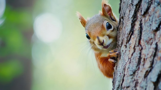 Photo a cute squirrel latin name scandentia is peeking behind a tree trunk in park background wallpaper ai generated image