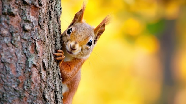 Photo a cute squirrel latin name scandentia is peeking behind a tree trunk in park background wallpaper ai generated image