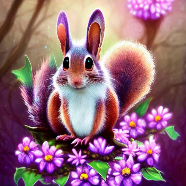 cute squirrel sitting on a purple flowers illustration