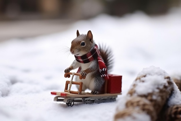 Cute squirrel in sleigh Christmas postcard Generative Ai