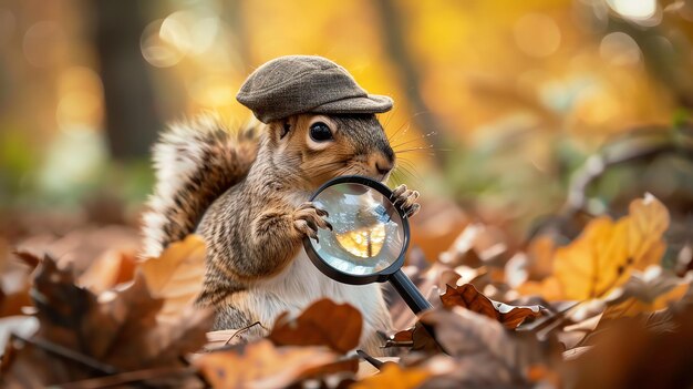 A cute squirrel wearing a hat uses a magnifying glass in a forest