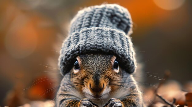 Photo cute squirrel wearing a knitted hat looking directly at the camera