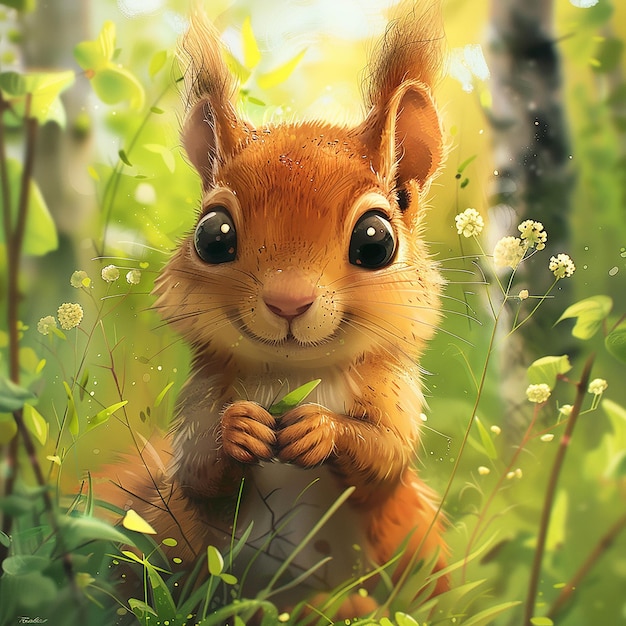 cute squirrel with big eyes holding in a summer surrounding