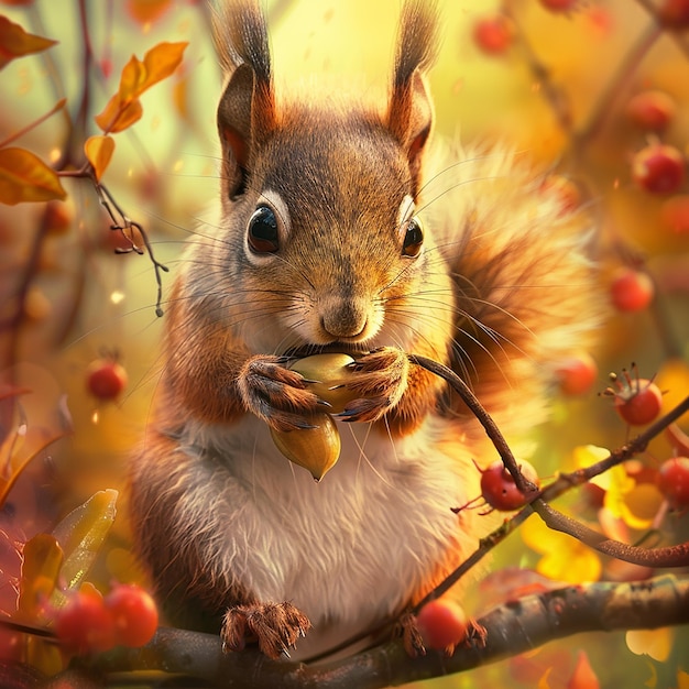 cute squirrel with big eyes holding in a summer surrounding