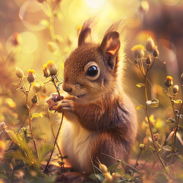 cute squirrel with big eyes holding in a summer surrounding