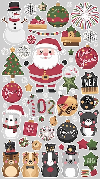 Cute stickerpack with New Year and Christmas attributes cartoon style