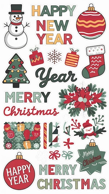 Cute stickerpack with New Year and Christmas attributes and trendy lettering cartoon style