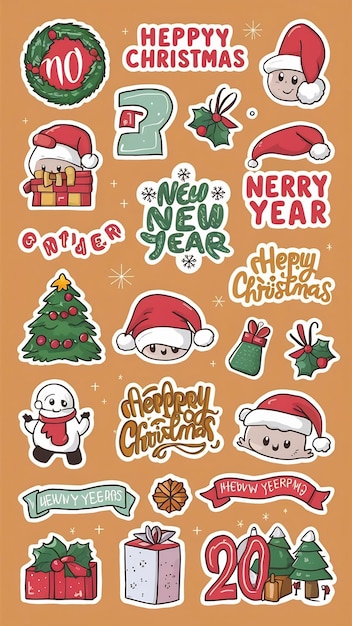 Cute stickerpack with New Year and Christmas attributes and trendy lettering cartoon style