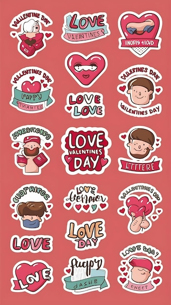 Photo cute stickerpack with valentines day love theme attributes and trendy lettering cartoon style