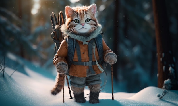 Cute stripy cat wearing jacket and pants holding sticks Feline skiing hiking in the snowy mountains Blurred backdrop Generative AI