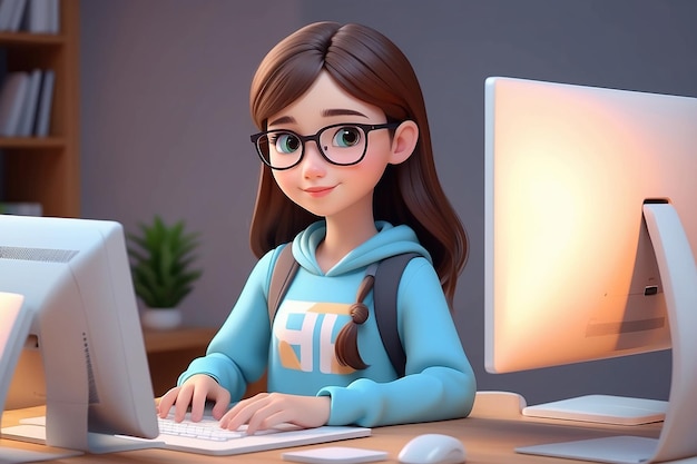 Cute student girl working with computer