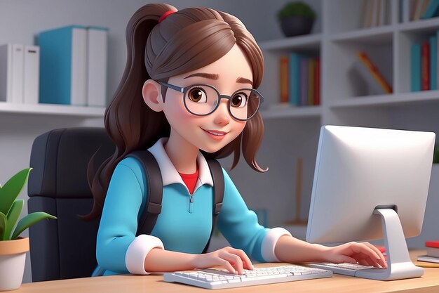 Cute student girl working with computer