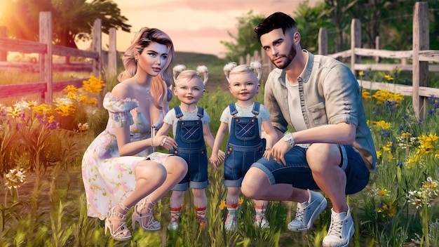 Cute and stylish family in a summer field