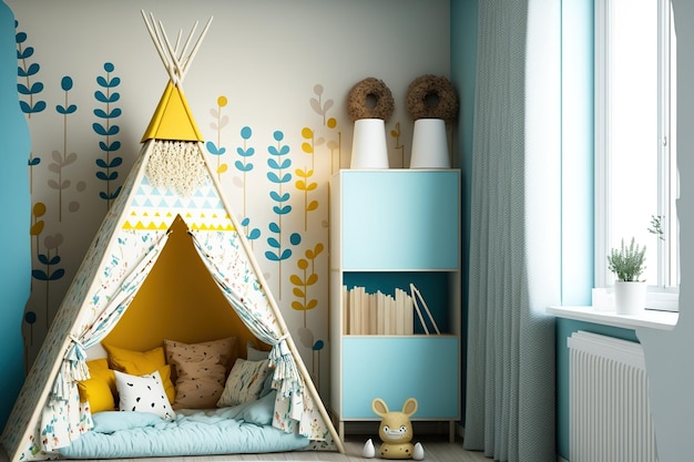 Cute stylishly decorated small childrens room interior