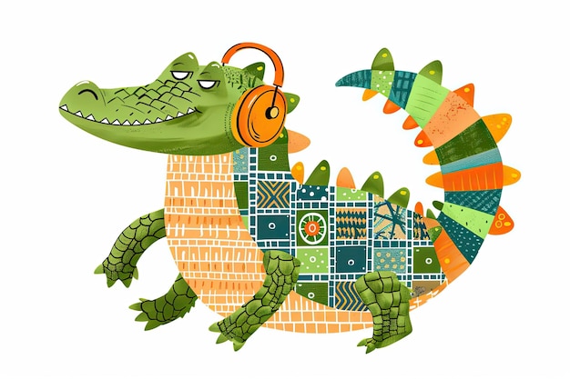 Photo a cute stylized green crocodile with orange headphones on a white background enjoys music