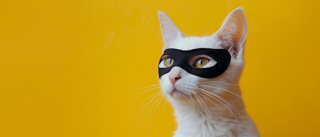 cute superhero cat with mask isolated on yellow background copy space