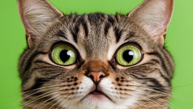 Photo cute surprised cat with large eyes against a vibrant green background