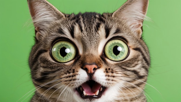 Photo cute surprised cat with large eyes against a vibrant green background