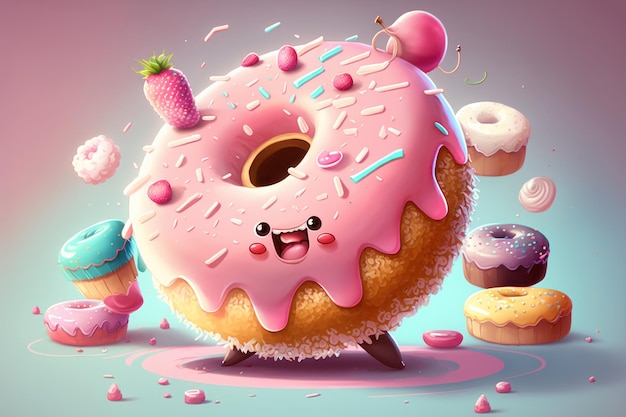 Cute sweet objects 3d illustration cartoon donuts on color background Doughnuts day