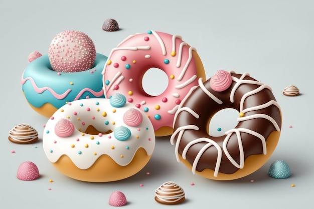 Cute sweet objects 3d illustration cartoon donuts on color background Doughnuts day