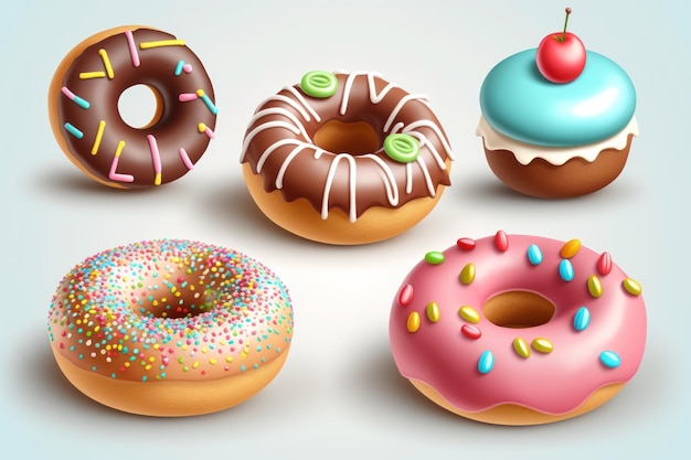 Cute sweet objects 3d illustration cartoon donuts on color background Doughnuts day