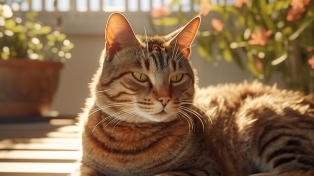 Cute tabby brown cat lying outdoors on a wooden bench A sunny summer day in garden Generative AI