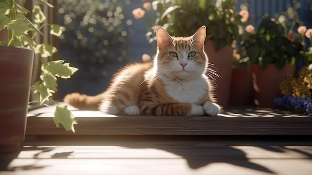 Cute tabby brown cat lying outdoors on a wooden bench A sunny summer day in garden Generative AI