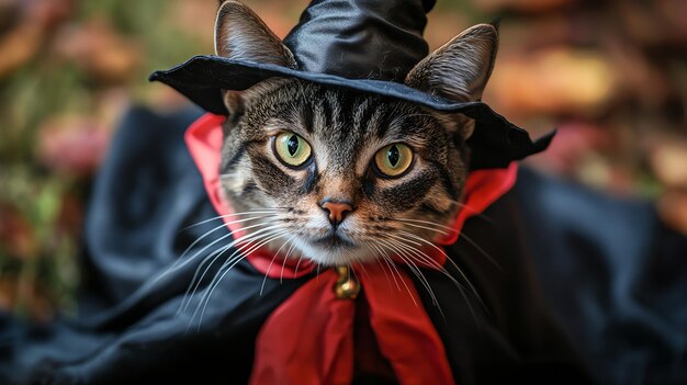 Photo a cute tabby cat dressed up in a witch costume for halloween