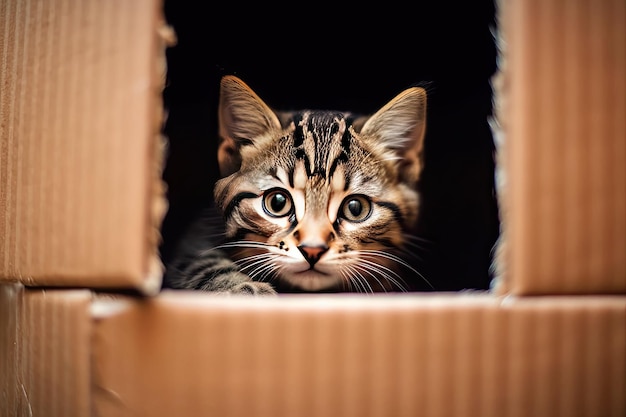 Cute Tabby Cat Is Sitting In A Cardboard Box and Smiling