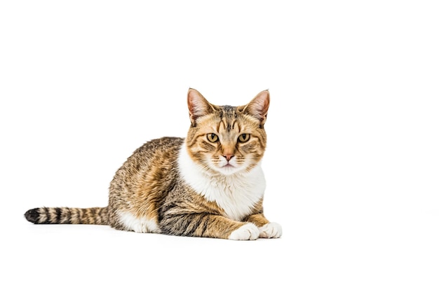 Cute tabby cat looking at camera on white background