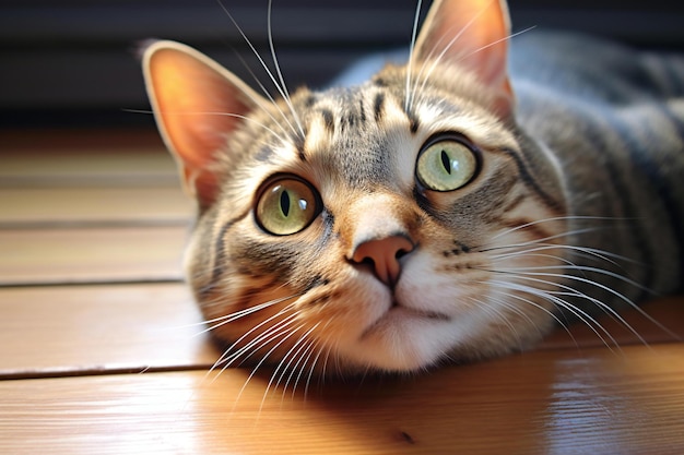 Cute tabby cat lying on the wooden floor and looking up