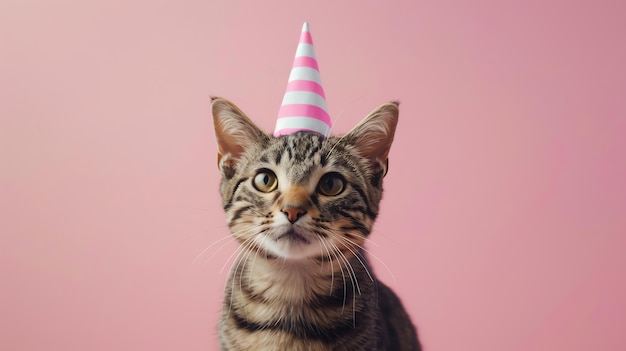 A cute tabby cat wearing a pink and white party hat