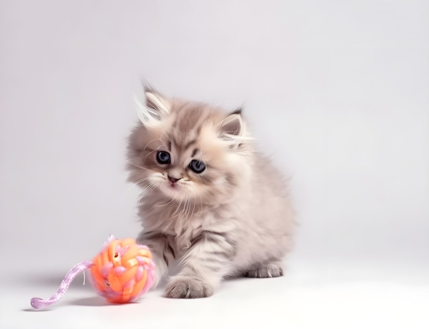 Cute tabby fluffy kitten playing with pet toy Generative AI