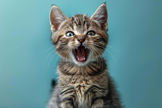 Cute tabby kitten on color background closeup Funny pet