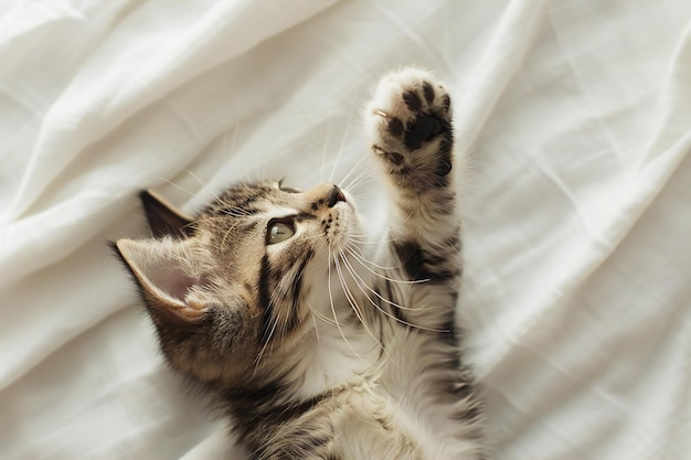 Cute tabby kitten lying on bed at home top view