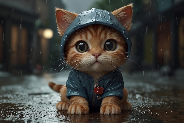 Photo cute tabby kitten playing guitar on a rainy day in a wornout tshirt 8k realistic 3d animation