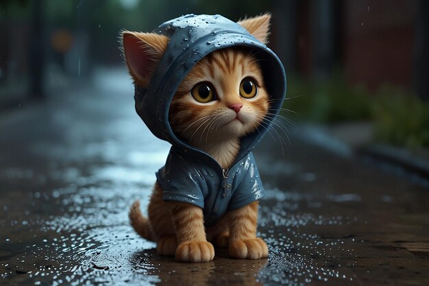 Cute Tabby Kitten Playing Guitar on a Rainy Day in a WornOut TShirt 8K Realistic 3D Animation