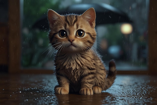 Photo cute tabby kitten playing guitar on a rainy day in a wornout tshirt 8k realistic 3d animation