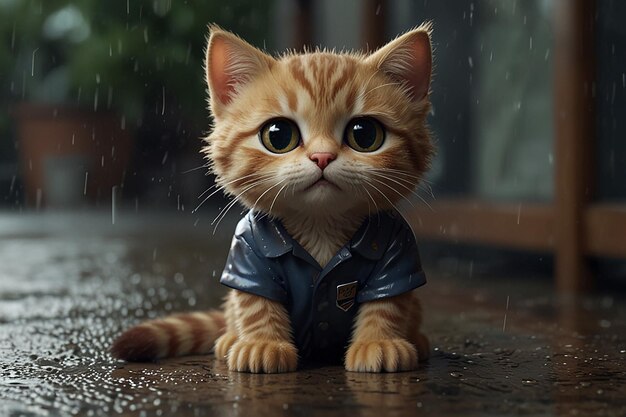 Photo cute tabby kitten playing guitar on a rainy day in a wornout tshirt 8k realistic 3d animation