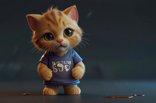 Photo cute tabby kitten playing guitar on a rainy day in a wornout tshirt 8k realistic 3d animation