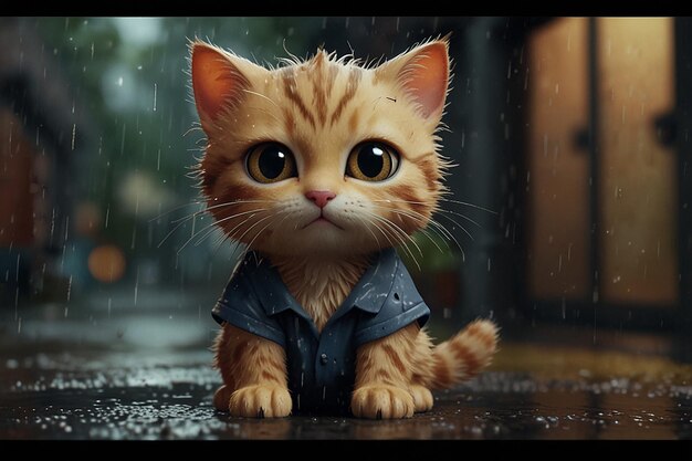 Photo cute tabby kitten playing guitar on a rainy day in a wornout tshirt 8k realistic 3d animation