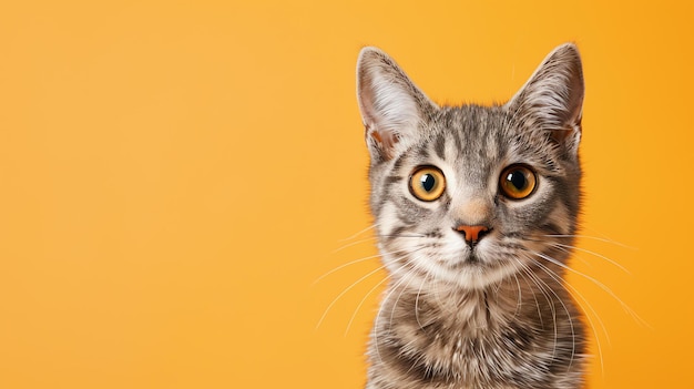 A cute tabby kitten sits against a yellow backdrop staring intently at the camera