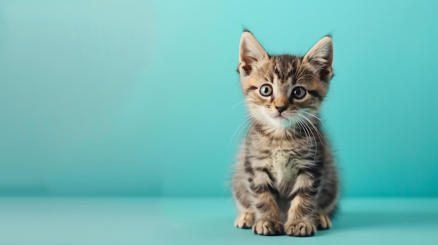 Cute tabby kitten sitting on a turquoise blue background