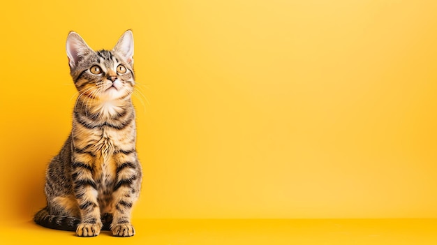 Cute tabby kitten sitting on yellow background looking up