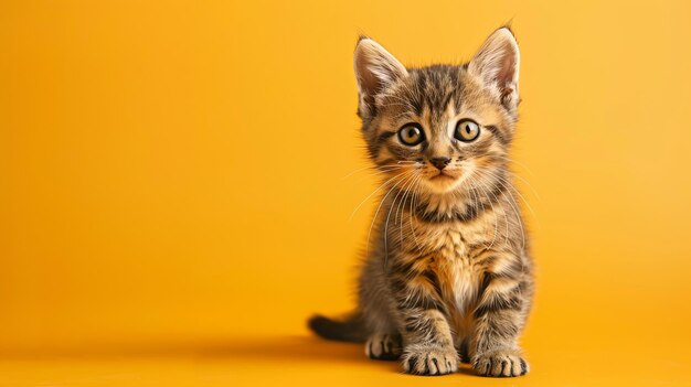 Cute tabby kitten sitting on a yellow background