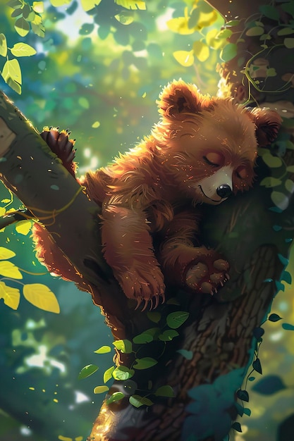 A cute tailed bear is sleeping on the tree